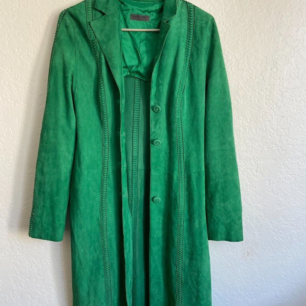 Alberta Ferretti designer green suede trench coat
